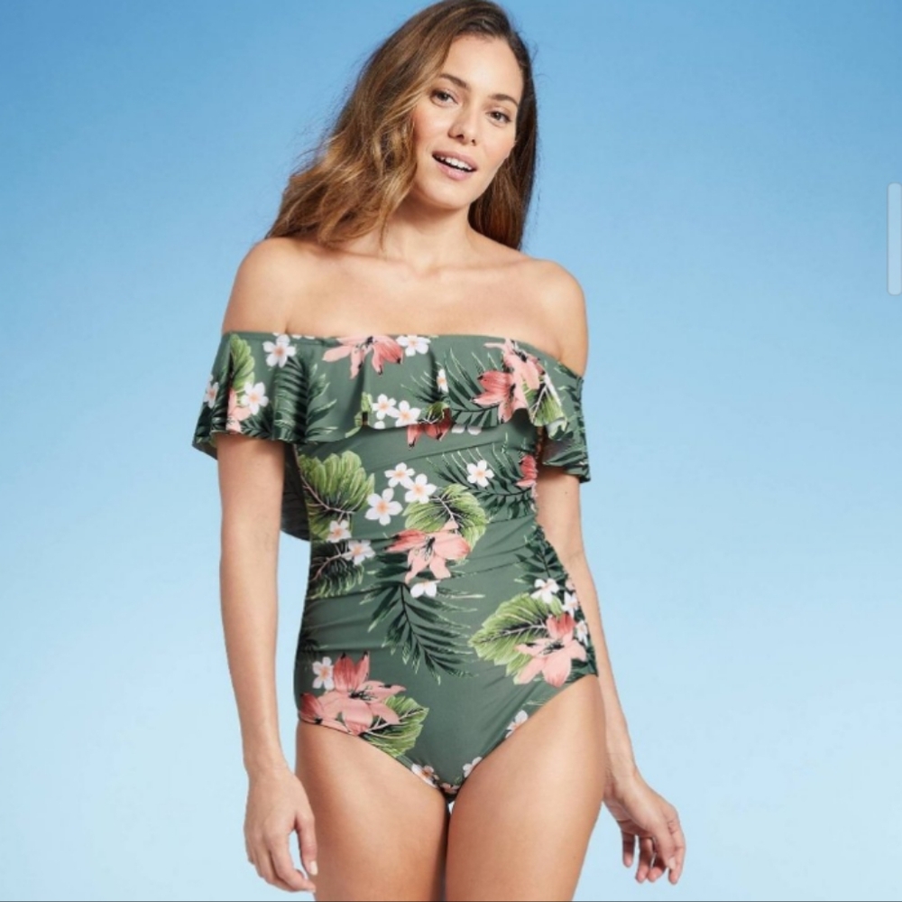 Kona Sol Off Shoulder Sage Floral High Coverage One Piece Swimsuit Large NWOT
